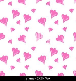 Seamless pattern with pink flower petals in shape of heart in doodle style, on white background. Vector illustration Stock Vector