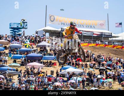 Sacramento, California, USA. June 01 2024 Sacramento, CA USA Haiden Deegan Monster Energy Yamaha Star Racing.(38) gets air on jump14 during the Pro Motocross Championship 250 heat # 1 at Hangtown Classic Sacramento, CA Thurman James/CSM Credit: Cal Sport Media/Alamy Live News Stock Photo