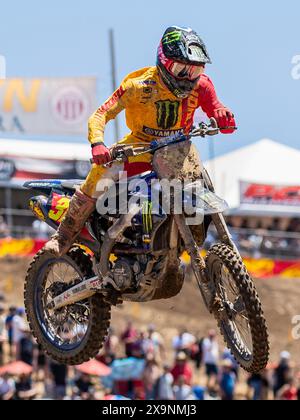 Sacramento, California, USA. June 01 2024 Sacramento, CA USA Haiden Deegan Monster Energy Yamaha Star Racing.(38) gets air on jump14 during the Pro Motocross Championship 250 heat # 1 at Hangtown Classic Sacramento, CA Thurman James/CSM Credit: Cal Sport Media/Alamy Live News Stock Photo