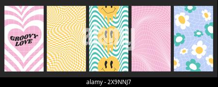 Checkerboards set with distorted grid tile. Checkered seamless twisted pattern in psychedelic y2k style. Warped chessboards, vertical posters with groovy flowers, happy dripping smile face, pink heart Stock Vector