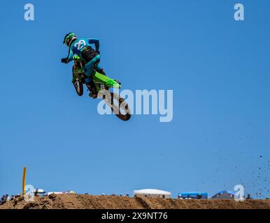 Sacramento, California, USA. June 01 2024 Sacramento, CA USA Ty Masterpool(29) gets big air off jump14 during the Pro Motocross Championship 250 heat # 1 at Hangtown Classic Sacramento, CA Thurman James/CSM Credit: Cal Sport Media/Alamy Live News Stock Photo