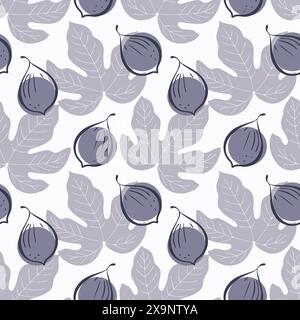 Figs seamless pattern with fruits and leaves, gray colors. White background. Vector illustration Stock Vector