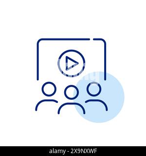 People watching webinar. Video screen and play button. Online classroom and remote education technologies. Pixel perfect Stock Vector