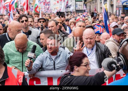 Tommy Robinson at a two-tier policing protest rally, heading a march to Parliament Stock Photo