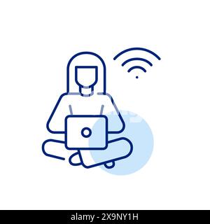 Woman working at laptop in pajamas and wifi symbol. Remote connectivity. Flexibility and convenience of remote work Stock Vector