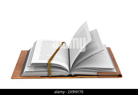 Open book in a leather cover A blank white book 3d render on white Stock Photo
