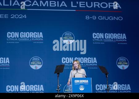 Rome, Italy. 01st June, 2024. Giorgia Meloni, Italian Prime Minister and leader of the political party Fratelli d'Italia - Brothers of Italy, closes the campaign for the 2024 European elections in Piazza del Popolo. Rome, Italy, Europe, European Union, EU Credit: Brad Sterling/Alamy Live News Stock Photo