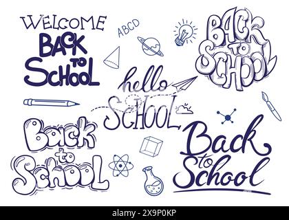 Collection of back to school lettering. Handwritten greeting words to the new school season. Stock Vector