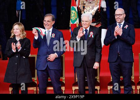 Il presidente del Consiglio Giorgia Meloni, il presidente del Senato Ignazio La Russa, il Presidente della Repubblica Sergio Mattarella e il presidente della Camera Lorenzo Fontana durante la Rivista militare in occasione della Festa della Repubblica a Roma, Domenica, 2 Giugno 2024 (Foto Roberto Monaldo/LaPresse) Prime Minister Giorgia Meloni, President of the Senate Ignazio La Russa, president of the Republic Sergio Mattarella and the president of the Chamber of deputies Lorenzo Fontana during the Military parade on the occasion of the Republic Day in Rome, Sunday, June 2, 2024 (Photo by R Stock Photo