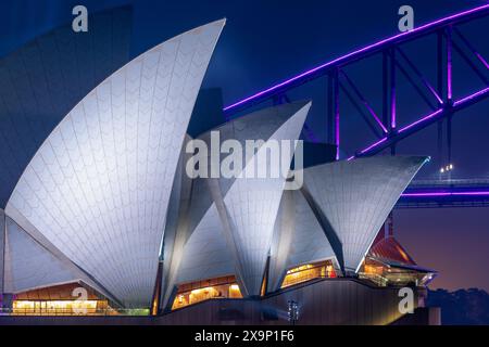 A night view featuring architectural detail of Sydney Opera House and Sydney Harbour Bridge in Sydney, New South Wales, Australia. Stock Photo