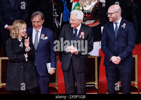 Il presidente del Consiglio Giorgia Meloni, il presidente del Senato Ignazio La Russa, il Presidente della Repubblica Sergio Mattarella e il presidente della Camera Lorenzo Fontana durante la Rivista militare in occasione della Festa della Repubblica a Roma, Domenica, 2 Giugno 2024 (Foto Roberto Monaldo/LaPresse) Prime Minister Giorgia Meloni, president of the Senate Ignazio La Russa, president of the Republic Sergio Mattarella and the president of the Chamber of deputies Lorenzo Fontana during the Military parade on the occasion of the Republic Day in Rome, Sunday, June 2, 2024 (Photo by R Stock Photo