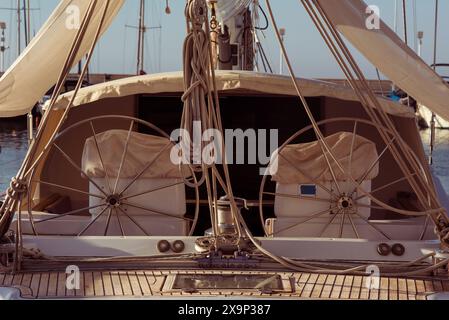 Modern sailing yacht steering wheels Stock Photo