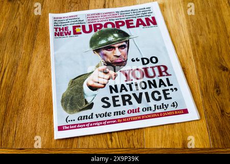 May 30 2024.  Front cover of the New European newspaper shows Rishi Sunak as a recruiting sergeant with the message Do Your National Service (... and vote me out on July 4). Stock Photo