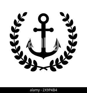 Anchor icon with laurel wreath. Sail clip. Sailing graphic. Marine symbol. Maritime clipart. Black nautical emblem isolated on white background. Boat Stock Vector