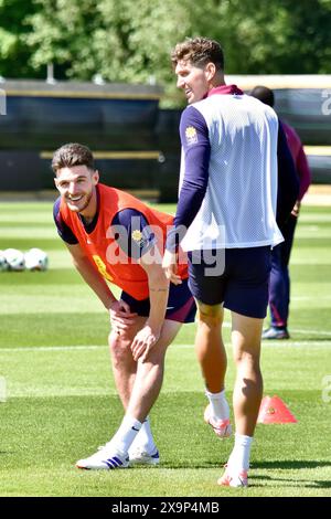 Darlington, UK. 02 Jun 2024. Declan Rice and John  Stones pictured as Gareth Southgate’s provisional England squad train at Middlesbrough’s Rockliffe Park ahead of their game against Bosnia-Herzegovina as part of their preparations for the UEFA European Championships. Credit: James Hind/Alamy. Stock Photo