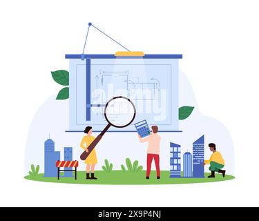 Construction project analysis, inspection of building drawing by architects and engineers. Tiny people with magnifying glass and calculator study sketch draft on board cartoon vector illustration Stock Vector