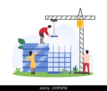 Development of urban architecture, building construction by project. Tiny people and construction crane build, work on unfinished modern skyscraper from concrete and steel cartoon vector illustration Stock Vector