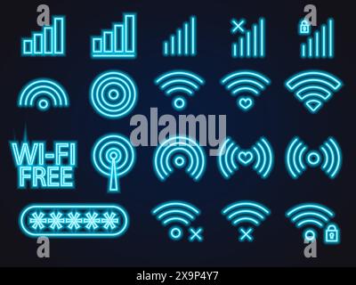 big set of wifi signal, cell phone sigal, neon glow icons free Stock Vector