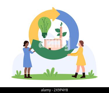 Circular economy development, sustainable energy resources and waste recycle technology. Tiny people holding circle arrows with factory, light bulb and leaf inside cartoon vector illustration Stock Vector