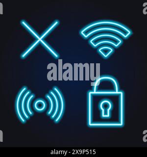 wifi signal, blue neon glow icon, cross, and lock set Stock Vector