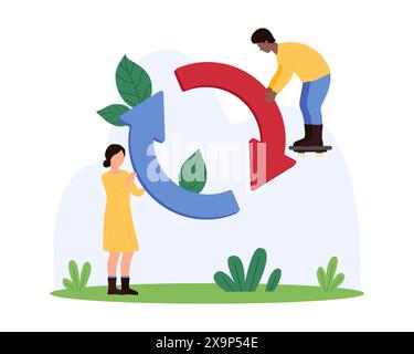 Reload internet connection, update and synchronize software progress, repeat action button. Tiny people holding two loop circular arrows with arrowheads and spin motion cartoon vector illustration Stock Vector