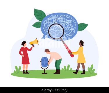 Research of communication problems, difficult discussion, talk therapy process. Tiny people study chaos and confusion of threads from speech bubble with magnifying glass cartoon vector illustration Stock Vector