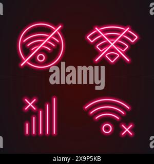 no wifi signal, no connection, red neon glowing icon set Stock Vector