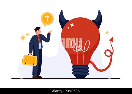 Bad idea, decision leading to business problems, frustration and career error. Tiny businessman with briefcase thinking over light bulb with red devil horns and tail cartoon vector illustration Stock Vector