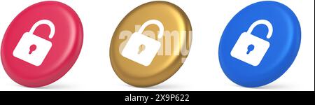 Open lock button cyberspace password security protection service 3d realistic pink gold blue icons. Padlock accessibility unlock permission digital in Stock Vector