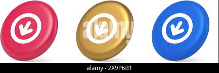 Down arrow circle frame button web interface pointer navigation app 3d realistic pink gold blue icons. Downloading symbol round cursor control digital Stock Vector