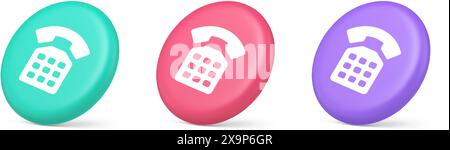 Phone customer support call contact connect button retro telephone handset 3d realistic green pink and purple icons. Helpline center user interface in Stock Vector