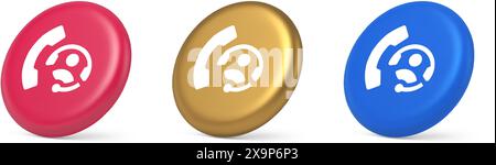 Emergency call helpline assistance button customer support service 3d realistic pink gold blue icons. Helpdesk phone operator consulting help customer Stock Vector