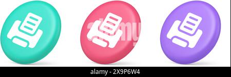 Printer machine device for paper document print button ink printout technology 3d realistic green pink and purple icons. Press text office desktop ele Stock Vector