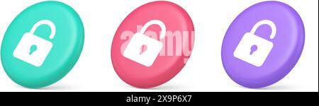 Open lock button cyberspace password security protection service 3d realistic green pink and purple icons. Padlock accessibility unlock permission dig Stock Vector
