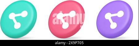 Decentralize compound connection encrypted network button connective management 3d realistic green pink and purple icons. Decentralization structure b Stock Vector