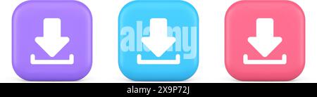 Download down arrow cyberspace information storage button internet file browsing 3d realistic purple blue and pink icons. Digital data upload internet Stock Vector
