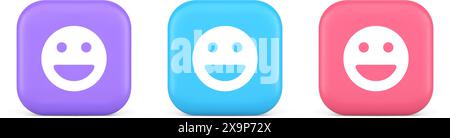 Smiley emoticon comic face emoji button laughing social network reaction happy expression 3d realistic purple blue and pink icons. Good mood like chee Stock Vector