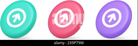 Up arrow round border button cyberspace navigation pointer 3d realistic green pink and purple icons. Upload information click push interface panel use Stock Vector