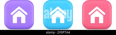 Main internet page button homepage house with roof navigation cyberspace interface 3d realistic purple blue and pink icons. Home page basic online add Stock Vector