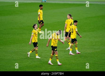 Borussia Dortmund players appear dejected after Real Madrid's Daniel Carvajal scores his side's first goal of the game during the UEFA Champions League final at Wembley Stadium in London. Picture date: Saturday June 1, 2024. Stock Photo