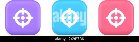 Target aim accuracy focus button application weapon shot bullseye 3d realistic purple blue and pink icons. Military objective circular cross center hu Stock Vector