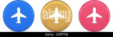 Airplane online check in button digital service passenger registration 3d realistic blue gold and pink icons. Airline transportation flight vehicle ai Stock Vector