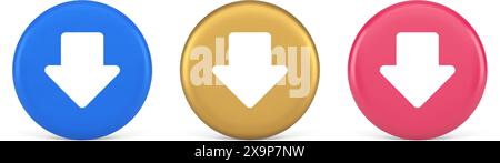 Arrow down button keyboard navigation pointer cyberspace downloading web app 3d realistic blue gold and pink icons. Application user interface compute Stock Vector