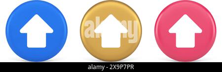 Arrow up button directional pointer cyberspace cursor 3d realistic blue gold and pink icons. Upward click web app design control keyboard point upload Stock Vector