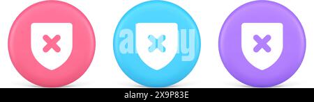 Decline shield button cross mark wrong unsend defense virtual guard 3d realistic pink blue and purple icons. Denied cancel element virtual user interf Stock Vector