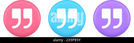 Quotes mark button chat comment cyberspace conversation dialogue 3d realistic pink blue and purple icons. Quotation sign internet discussion messenger Stock Vector