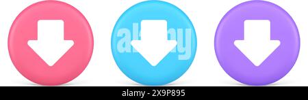 Arrow down button keyboard navigation pointer cyberspace downloading web app 3d realistic pink blue and purple icons. Application user interface compu Stock Vector