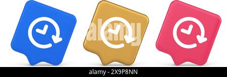 Clock in circle arrow button time countdown deadline chronometer 3d realistic speech bubble blue gold and pink icons. Watch timing counter checking in Stock Vector