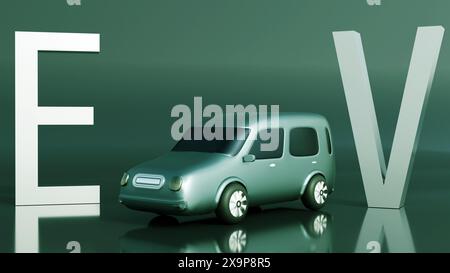 3D rendering of silver electric vehicle (EV) parked next to a metallic sign that says “EV”. Stock Photo