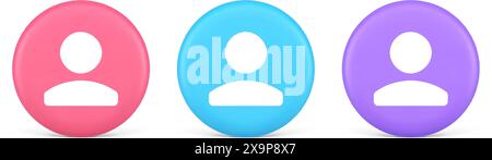 User person human contact button cyberspace account information web app 3d realistic pink blue and purple icons. Staff worker social network avatar in Stock Vector